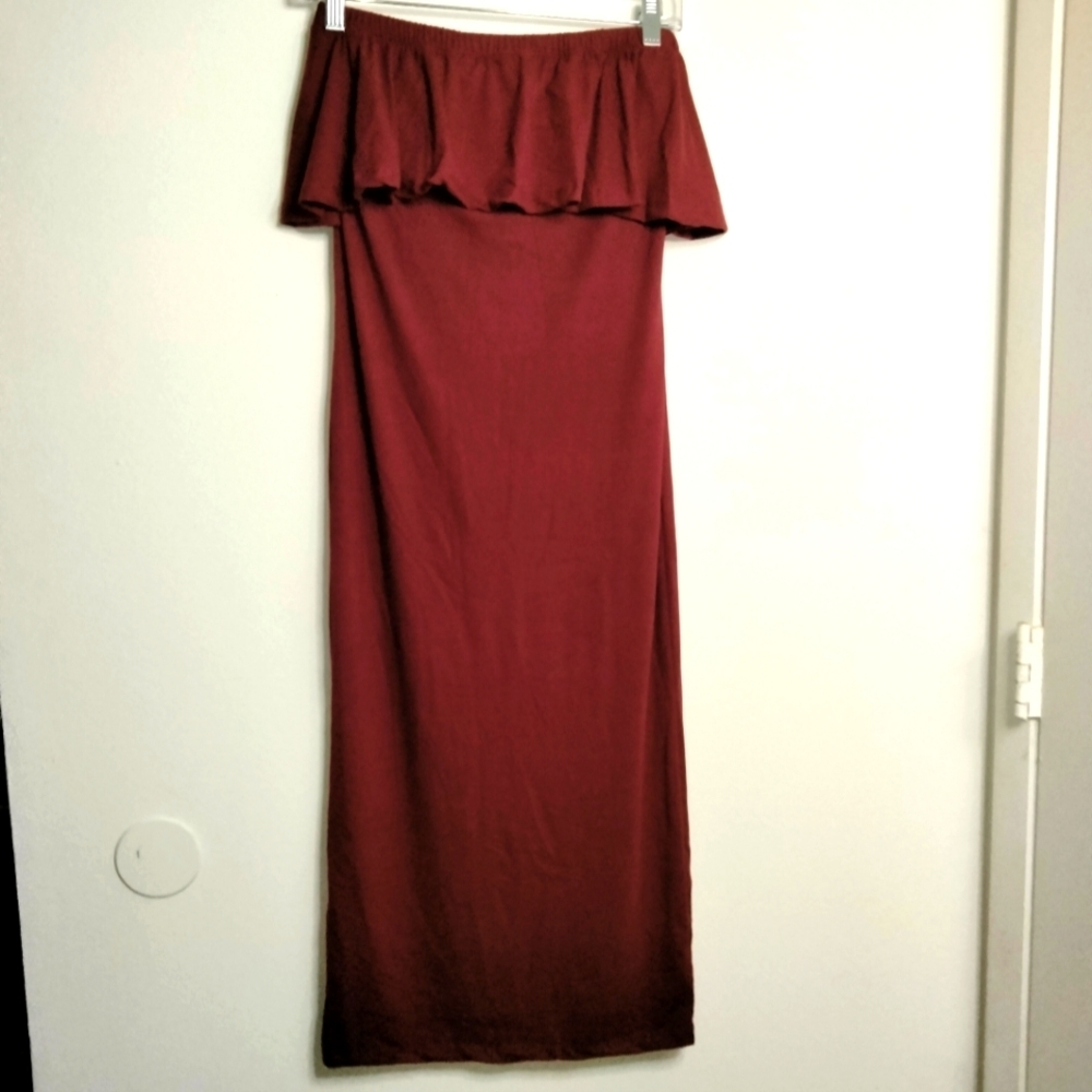 Capella (Size 2XL) Burgundy Ruffle Topper Strapless Stretch Cocktail Midi Dress
